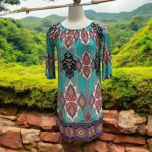Boho Paisley Ethnic Turquoise Festival Mini Dress Multicolor Flowy Casual Size S